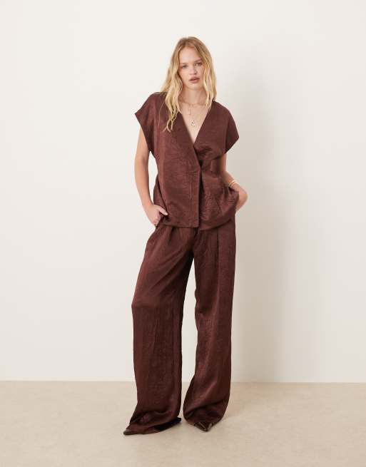 Mango sleeveless tie waist top & pants set in brown