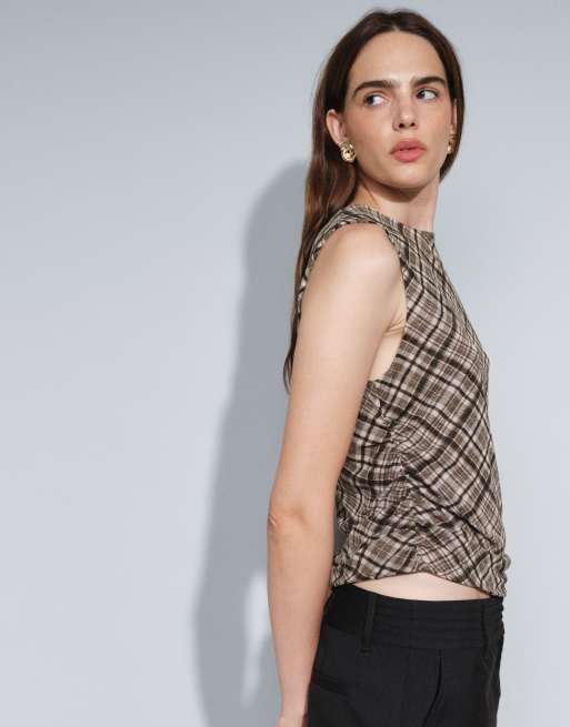 Mango sleeveless top in brown plaid, 3 of 7