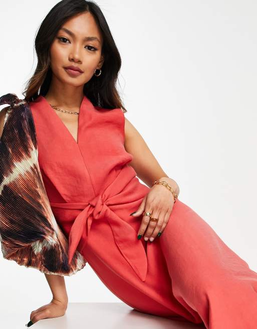 Mango sleeveless waist detail midi dress in red ASOS