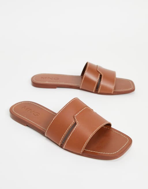 Mango – Slider-Sandalen aus echtem Leder in Hellbraun