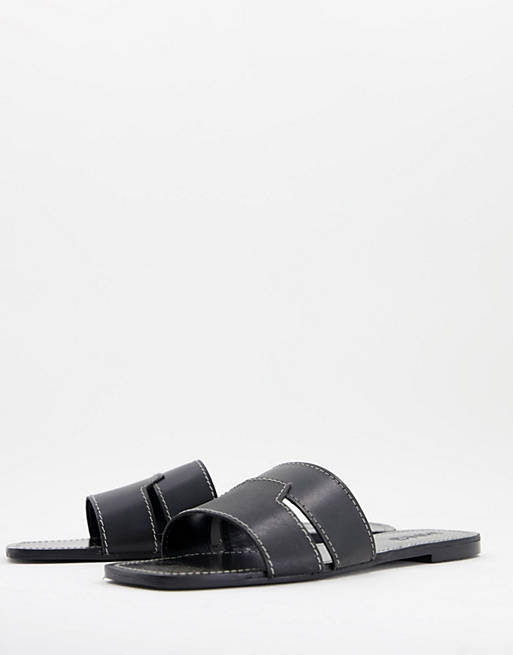 Mango – Slider-Sandalen aus echtem Leder in Schwarz