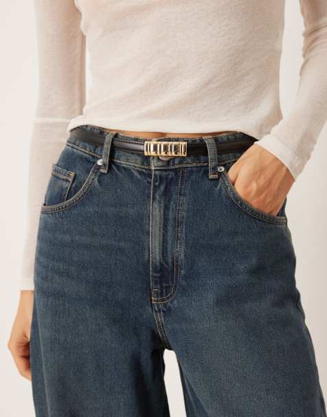 Mango slim belt with gold accent in black - view 1