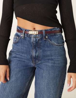 Mango Slim Belt With Gold Accent In Burgundy