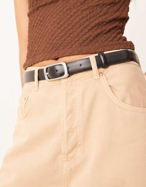 Mango slim belt with rectangle gold buckle in black - view 1