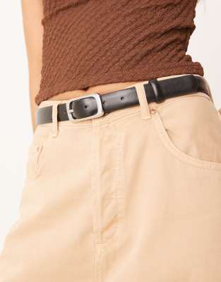 slim belt with rectangle gold tone buckle in black