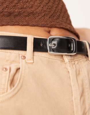Mango Slim Belt With Rectangle Gold Tone Buckle In Black