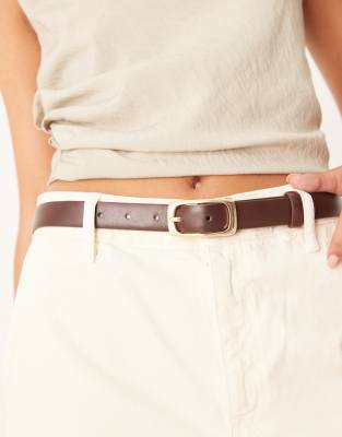 slim belt with rectangle gold tone buckle in dark brown