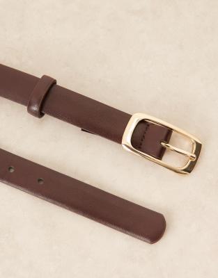Mango Slim Belt With Rectangle Gold Tone Buckle In Brown