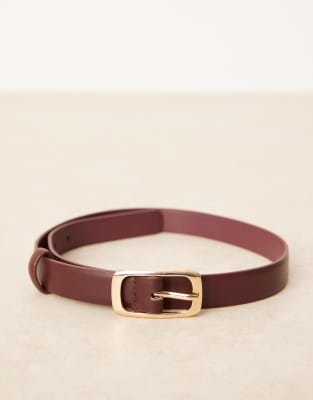 Mango Slim Belt With Rectangle Gold Tone Buckle In Blue