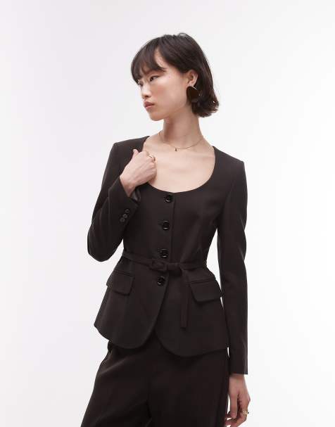Mango slim belted waist blazer in chocolate - part of a set - view 1