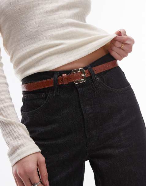 Mango slim buckle croc belt in brown - view 1