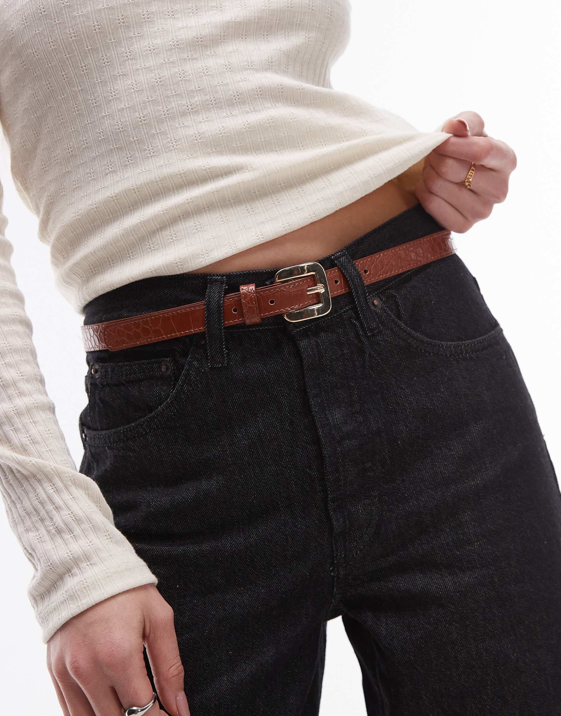 mango slim buckle croc belt in brown