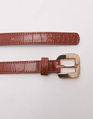 Mango Slim Buckle Croc Belt In Brown