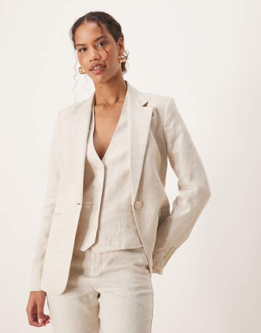 Mango - Slim-fit blazer van linnenmix in ecru