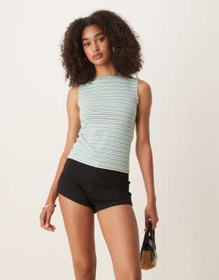 Полосатый топ Mango slim fit с вырезом лодочкой зеленого цвета