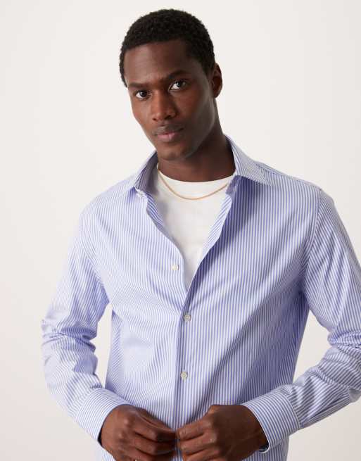 Mango slim fit button down striped shirt in blue