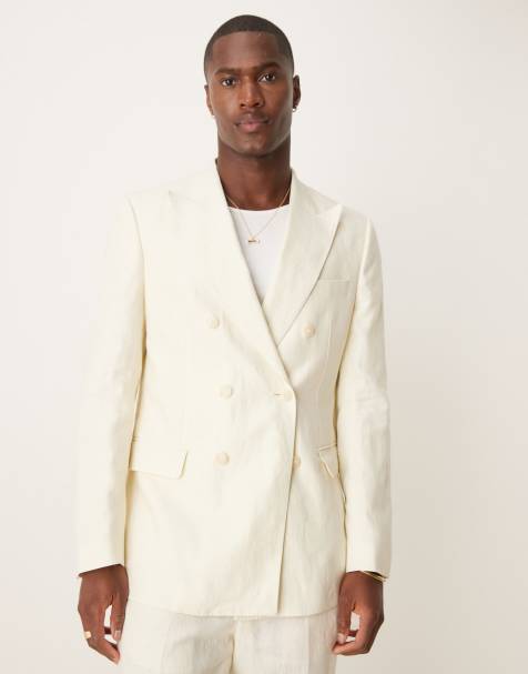 Mango slim fit double breasted linen suit blazer in ecru co-ord - view 1