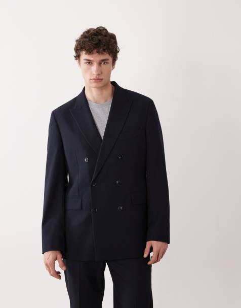 Mango slim fit double breasted suit blazer co-ord in navy - view 1