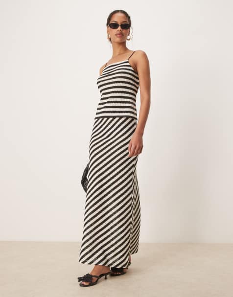 Mango slim fit fine knit striped top and skirt set in black - view 1
