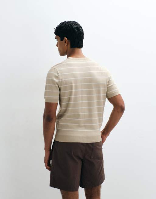 Mango - Slim-fit gebreid gestreept T-shirt in beige, 5 van 5