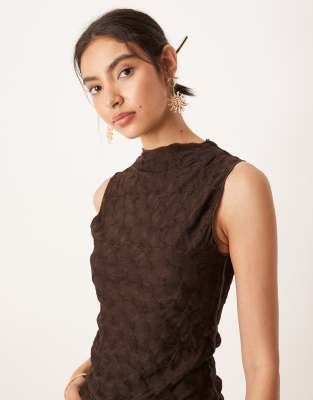 Mango Slim Fit High Neck Textured Top In Brown