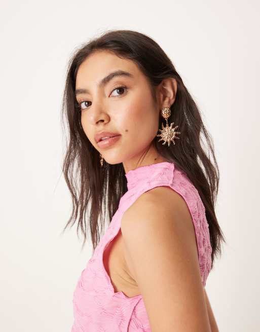 Mango slim fit high neck textured top in pink