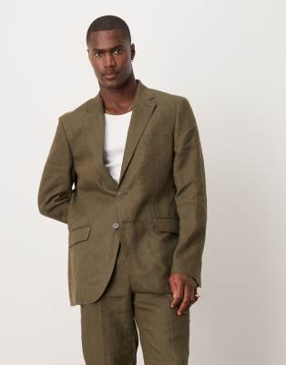 Mango Mango slim fit linen suit blazer in green co-ord 17