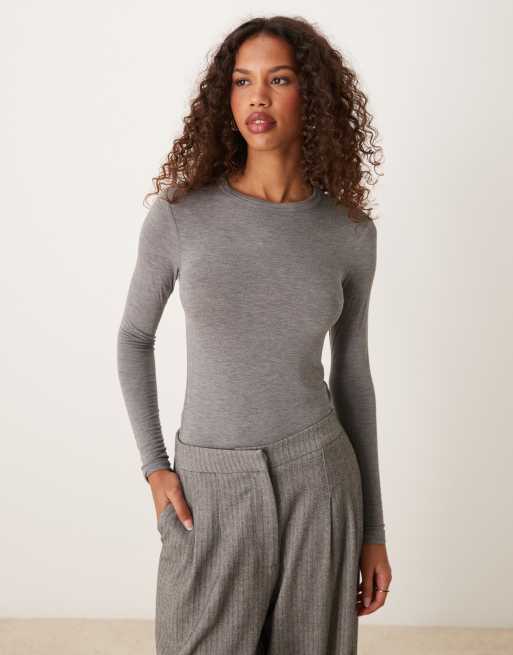 Mango slim fit long sleeve top in gray