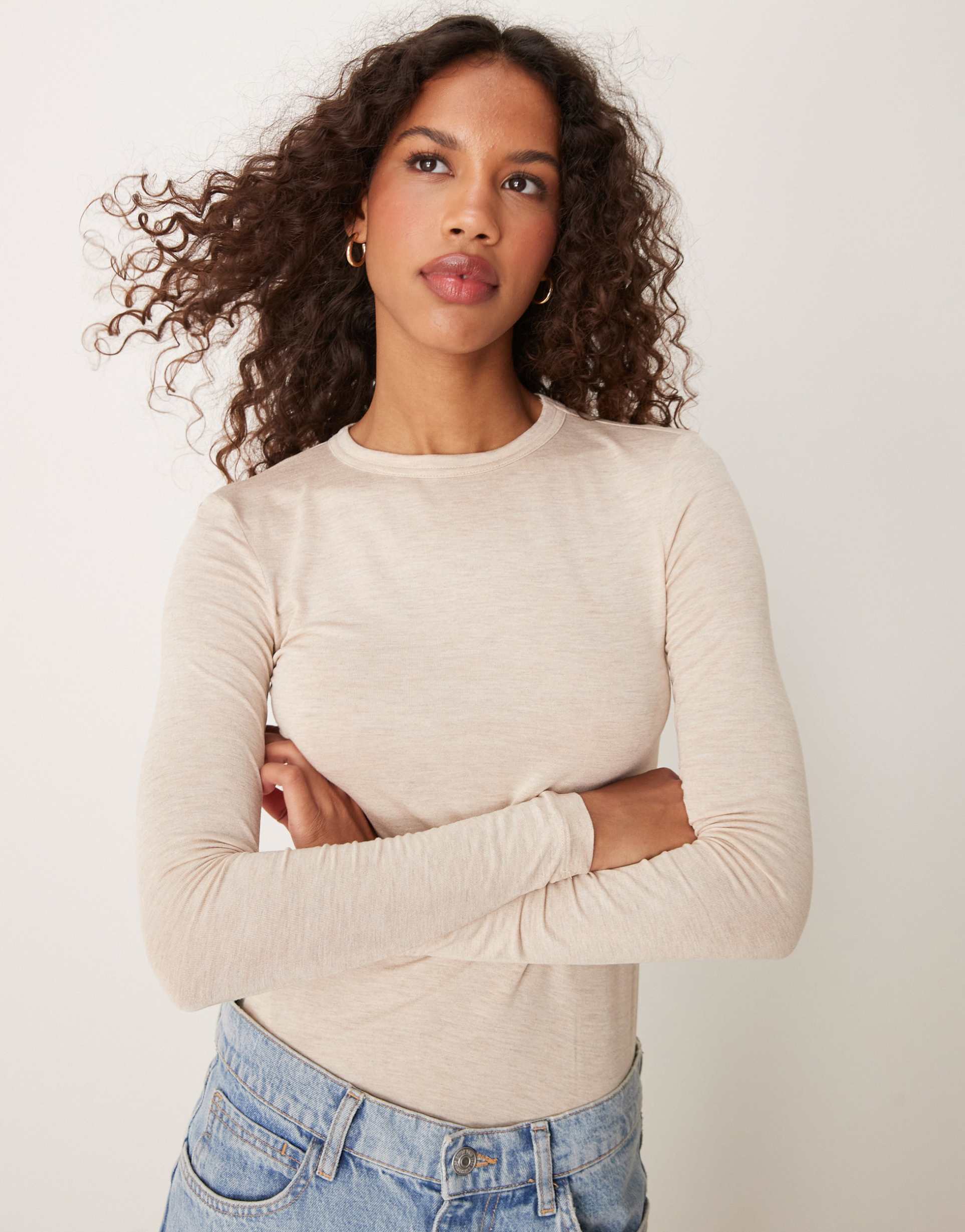 mango slim fit long sleeve top in light beige