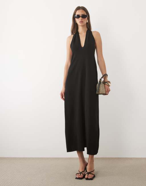 Mango slinky halterneck maxi dress in black, 3 of 4
