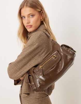 Mango Slouchy Pocket Detail Shoulder Bag In Brown
