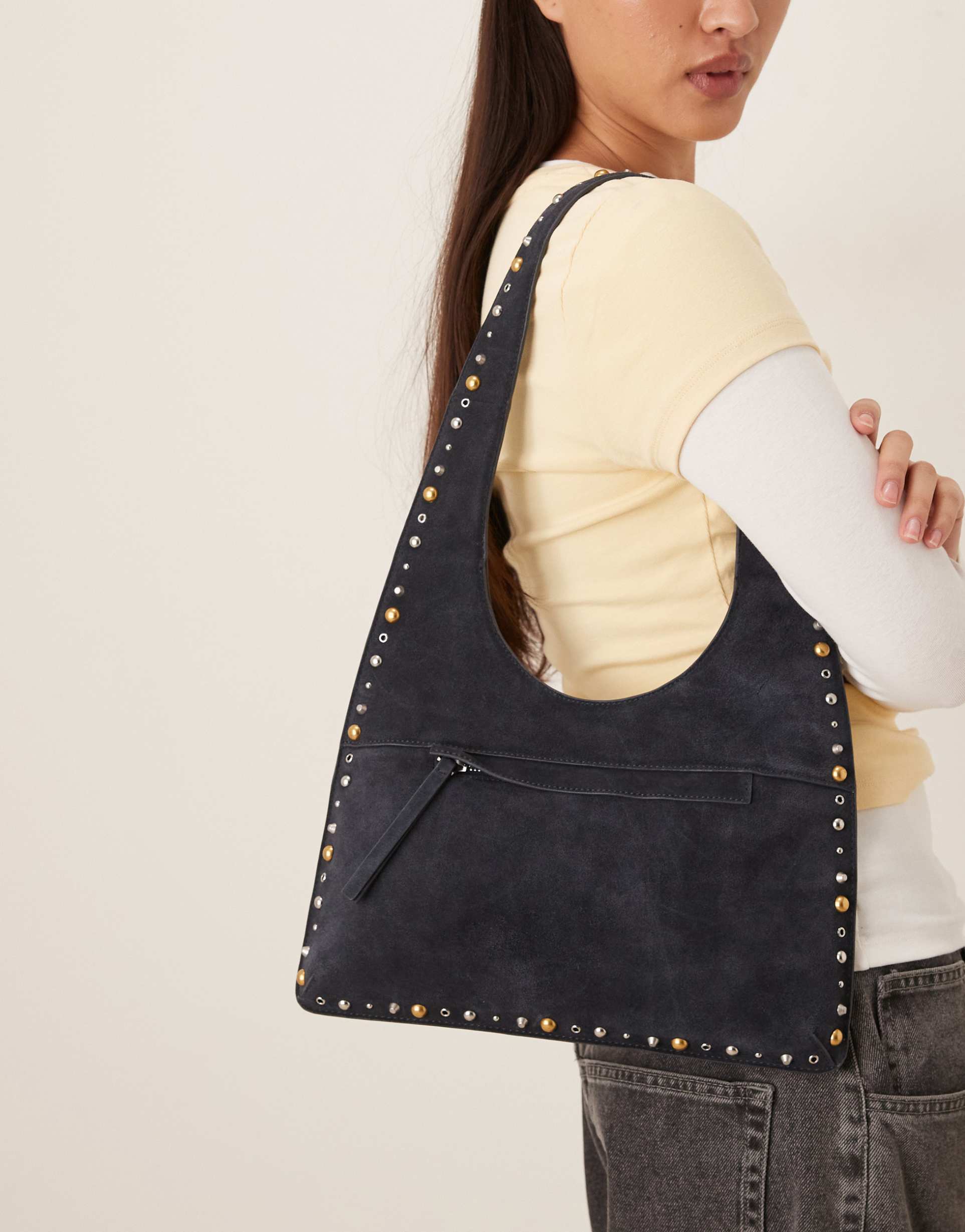 mango slouchy suede studded shoulder bag in navy