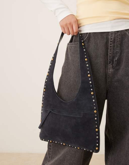 Mango slouchy suede studded shoulder bag in navy, 3 of 4