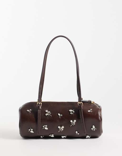 Mango small bowling bag with embellishment in brown, 4 of 4
