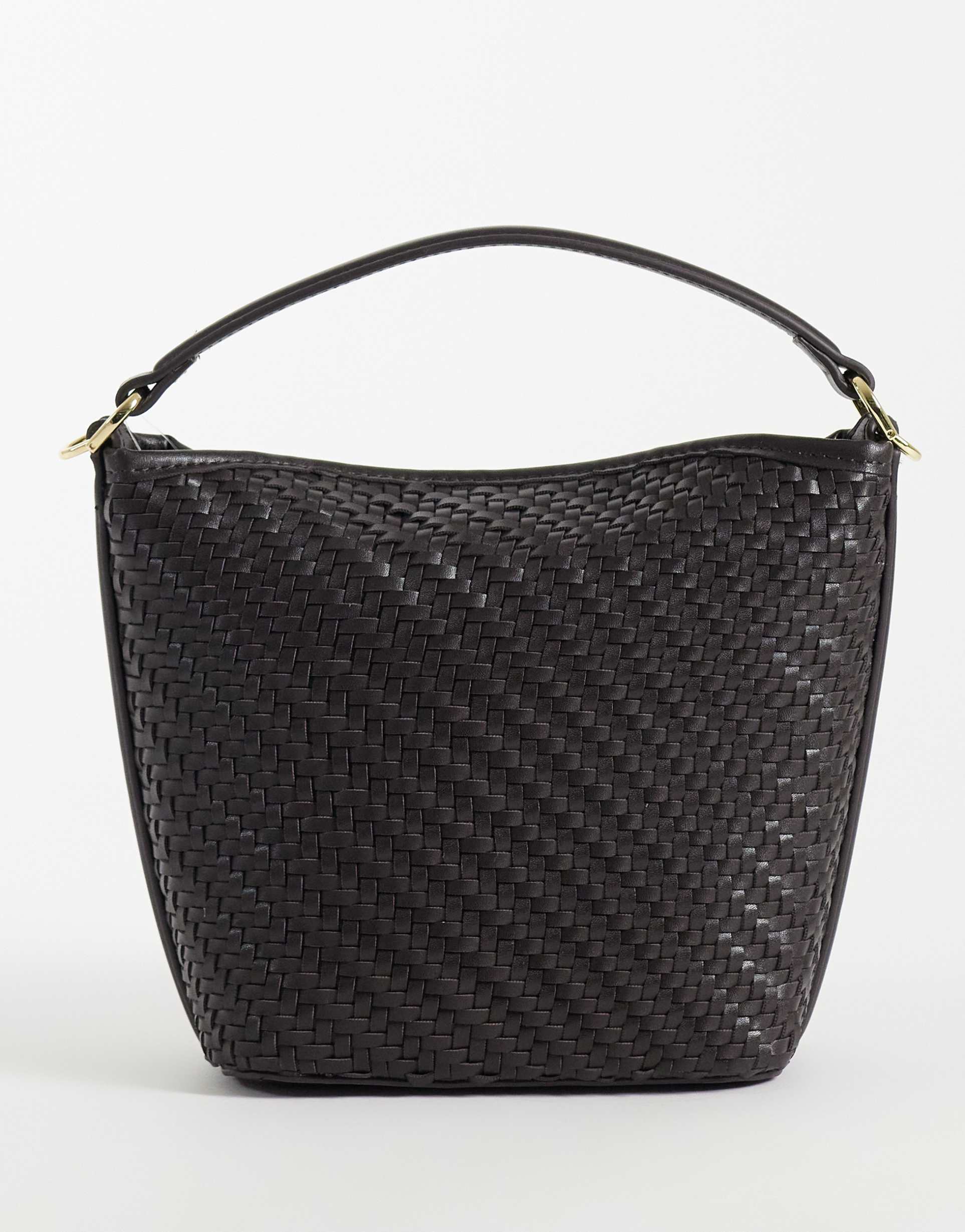 mango small woven bucket bag in brown