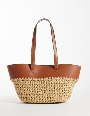 Mango Small Woven Shoulder Bag In Brown