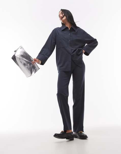 Mango - Smalle broek met geplooide voorkant en krijtstreep in marineblauw, deel van co-ord set - view 1