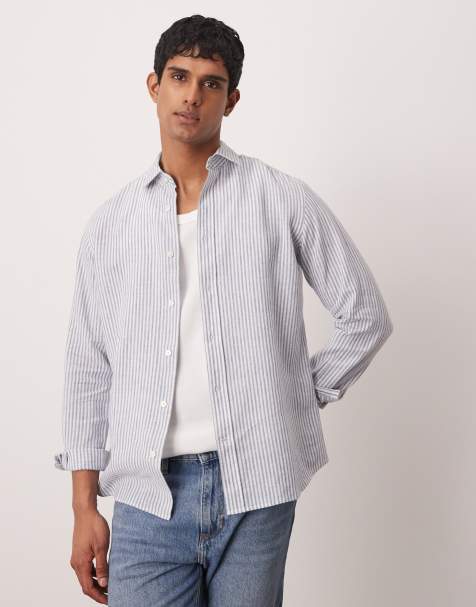 Mango smart linen striped shirt in blue - view 1