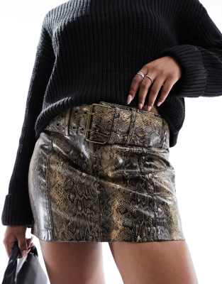 Mango Snake Print Faux Leather Skirt In Brown