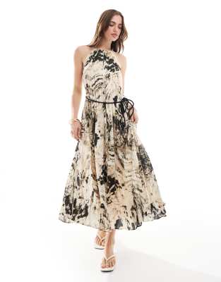 Mango Pleated Animal Print Dress Ecru In Gray