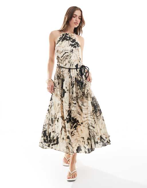 Mango snake print halterneck pleated midi dress in gray