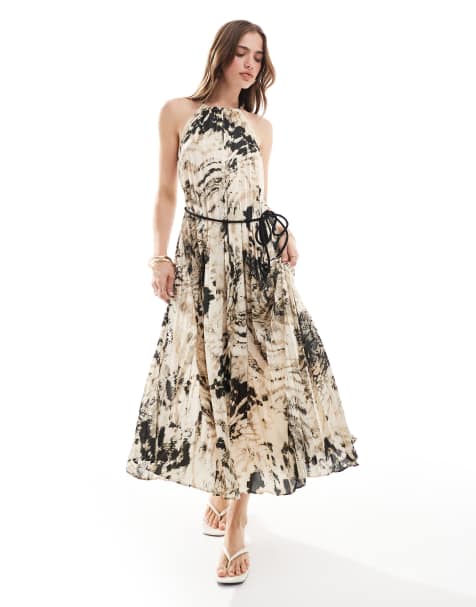 Mango snake print halterneck pleated midi dress in grey - view 1