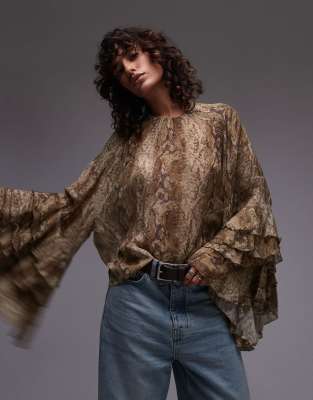 Mango Snake Print Ruffle Sleeve Blouse In Brown