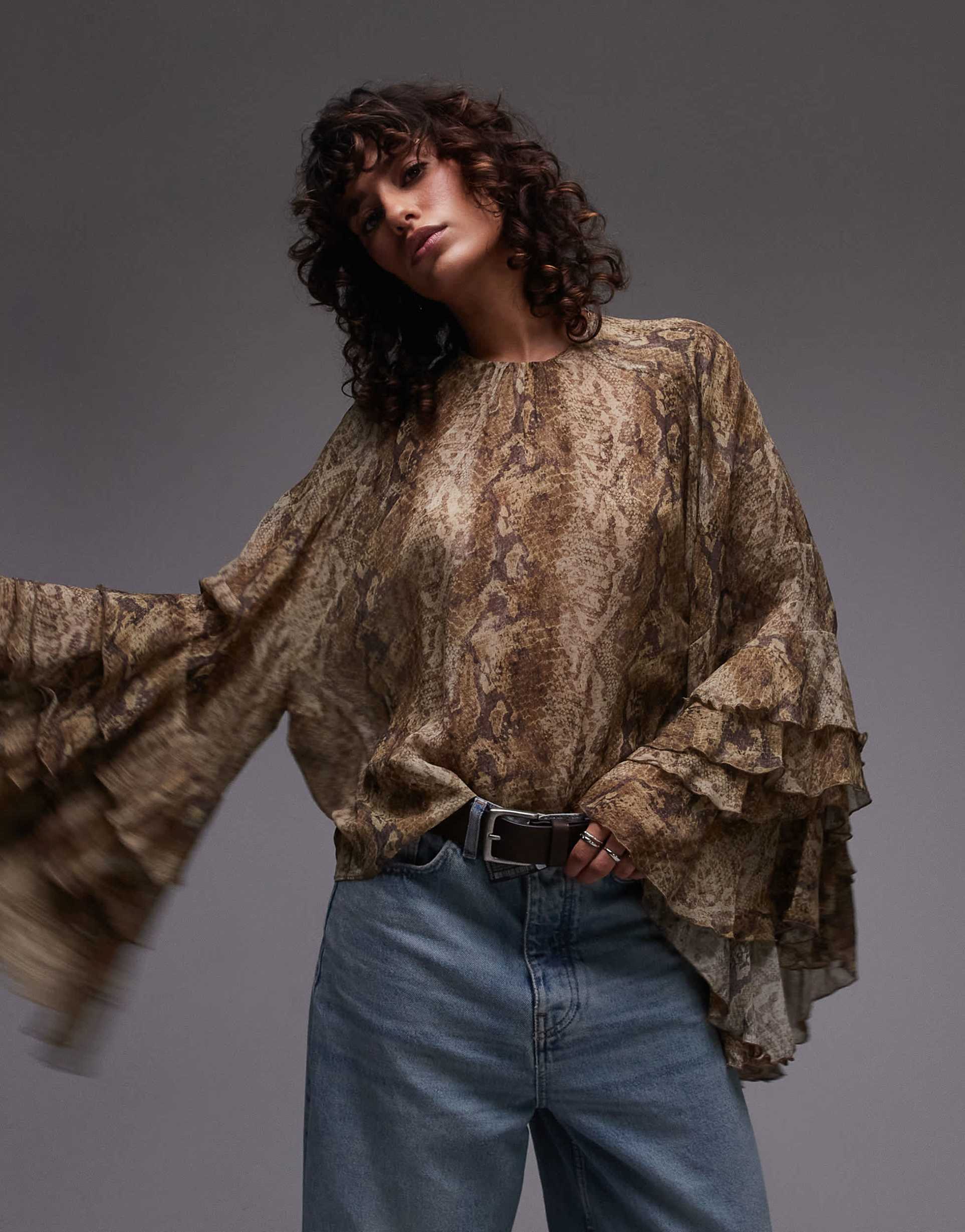 mango snake print ruffle sleeve blouse in brown