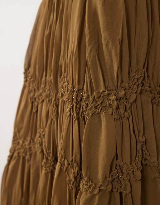 Mango Snake ruched maxi skirt co-ord with beaded detail in brown, 4 of 5