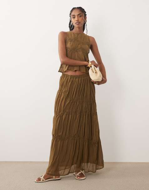 Mango Snake ruched maxi skirt with beaded detail in brown - part of a set - view 1