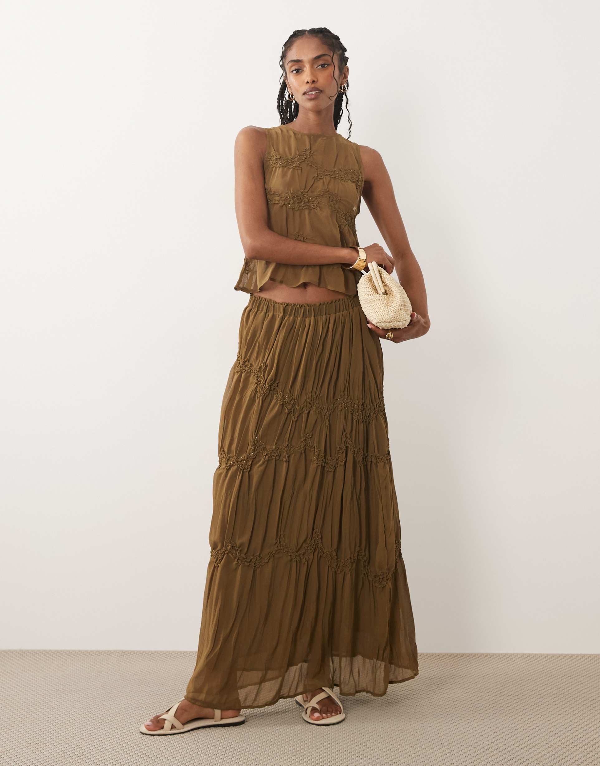 mango snake ruched maxi skirt with beaded detail in brown - part of a set