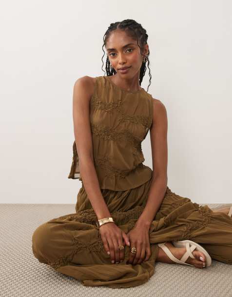 Mango Snake sleeveless ruched tank top with beaded detail in brown - part of a set - view 1