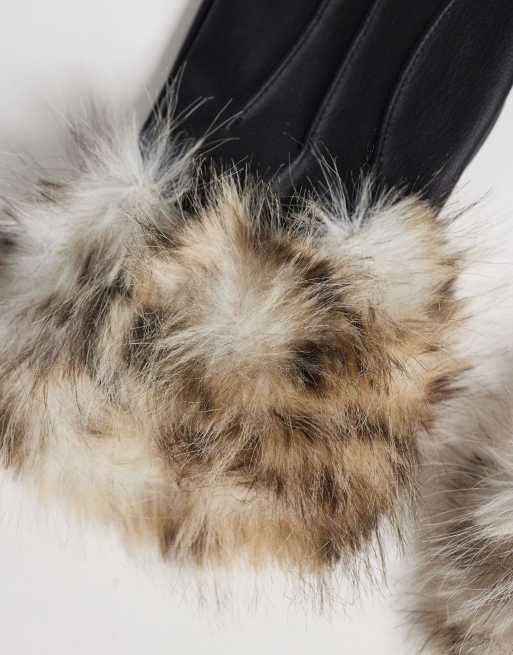 Mango snow leopard faux fur lined gloves in black, 2 of 3