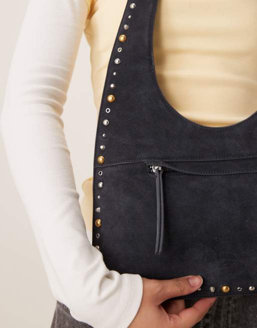 Mango - Soepele schoudertas van suède met studs in marineblauw, 2 van 4